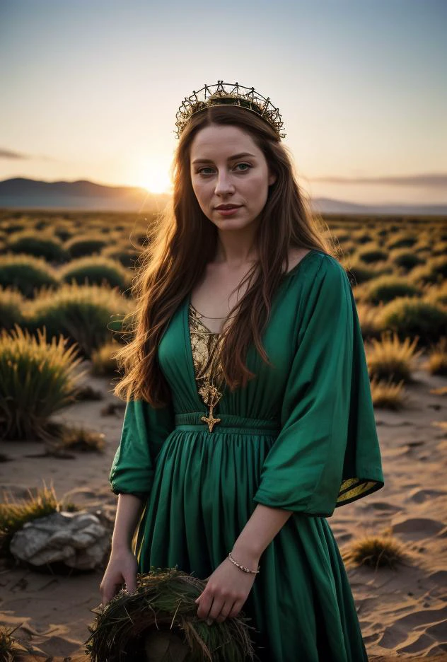 Photo couleur (Jeune reine Elizabeth Alexandra Mary Windsor de 20 ans dans le rôle de la reine des druides en robe verte)((cérémonie du lever du soleil doré druidique en plein air))CASSER((méchant))((Esquiver et brûler, vignette assombrie du bord du coin))(exposition POP!!! hdr extrêmement complexe, netteté, lumière cinématographique dramatique, (Textures 8K, élégant, aspect cinématographique)(Stupéfiant, détails fous)Terra Carta épiC35mm
