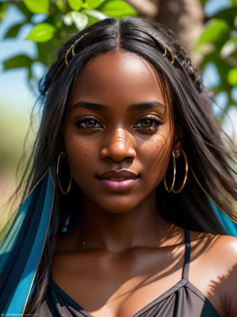 Hyperrealistic art of girl, 20 yo, (establishing shot:1.5), tanzania, skin color dark ebony tone of skin (face:Inverted Triangle Face, Prominent Eyes, [eye color blue], Nose with an Asymmetrical Shape, thin lips, prominent cheeks, round chin) icy blue., Closeup, amazing quality, masterpiece, best quality, hyper detailed, ultra detailed, UHD, perfect anatomy, portrait, dof, hyper-realism, majestic, awesome, inspiring, Capture the joy of life within a smiling in the gentle warmth of the sun filtering through the open translucent pod. Let the radiance of nature's embrace illuminate their laughter, cinematic composition, soft shadows, national geographic style, (ultra detailed eyes and face)<lora:eyetuneT:1>, dramatic, (masterpiece, best quality, high quality), hyperdetailed, highres, intricate detail, HDR, 8k, sharp focus, detailed background, extremely detailed face eyes lips nose, perfect hands, realistic eyes, detailed skin texture, subsurface scattering, realistic, temple, dark, photorealistic,, Extremely high-resolution details, photographic, realism pushed to extreme, fine texture, incredibly lifelike