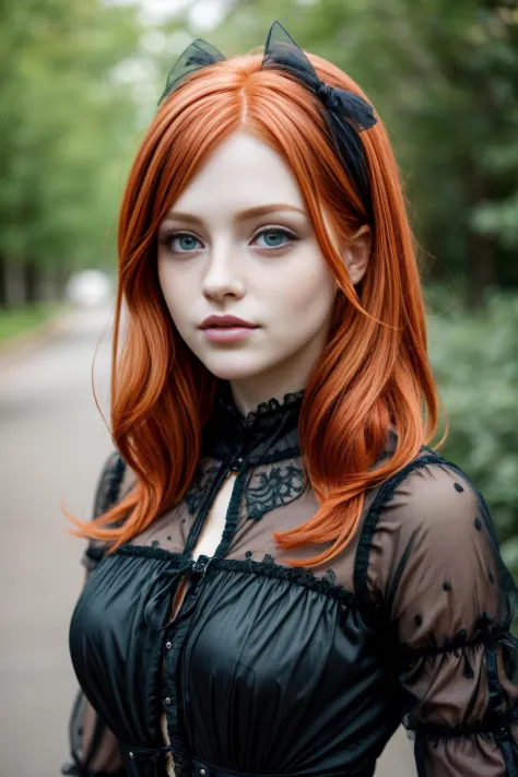 A woman in her 20s, looking at the camera, she has freckles, green eyes, she has Lush redhead hair, wearing a gothgal outfit, hy...