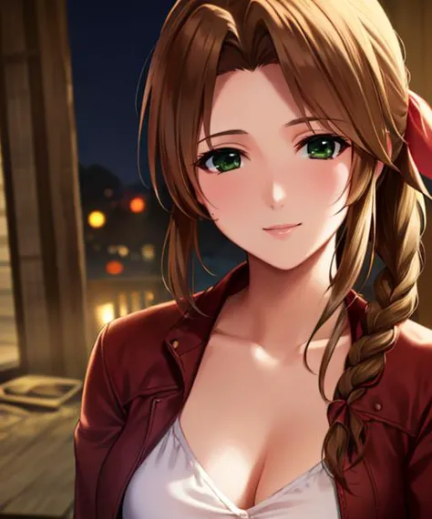 portrait, (adult woman), (1girl, solo), smile, (brown hair), green eyes, ((slums)), (night, hazy), ((best quality, high detail)), ((masterpiece)), aerith gainsborough, hair ribbon, braid, cropped jacket, dress, 