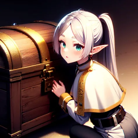 masterpiece, best quality, ultra-detailed, glowing light, (detailed background, complex background:1.2), full-face blush, parted lips, <lora:frieren:1>, frieren, 1girl, long hair, pointy ears, twintails, jewelry, elf, earrings, capelet, white capelet, long sleeves, parted bangs, dress,belt,
<lyco:muririn1-000004:0.4> muririn style,
close treasure, treasure chest, 1girl, kneeling, picking, keyhole, holding picking tool, looking at object, looking ahead,dungeon, <lora:close_treasure:1>