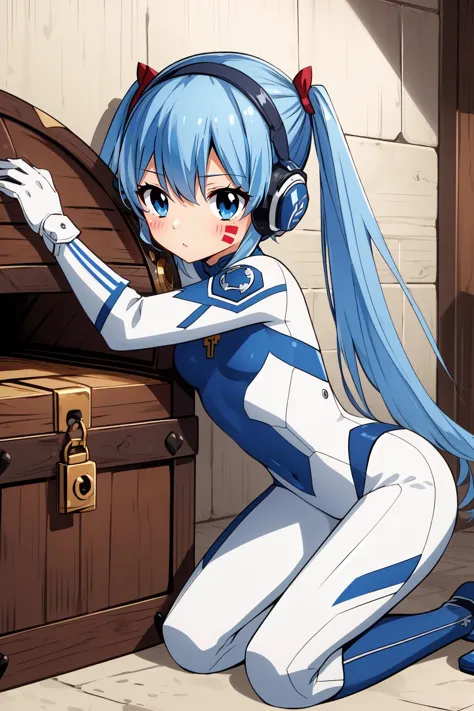 anime girl in white and blue outfit kneeling next to a chest