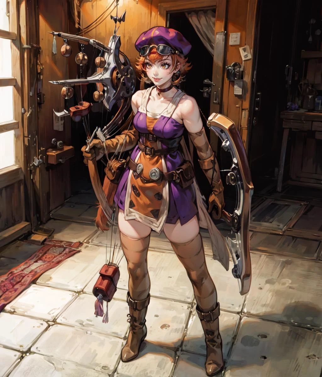 masterpiece, anime screencap, 1 girl, solo, smile, orange hair, ((brown cat cap)), googles on head, red chocker, purple dress, stripped elbow gloves, stripped thighhighs, gloves, boots, (((crossbow))), standing, full body, workshop, indoors,  