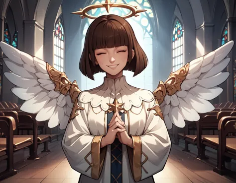 anime character with angel wings and a sword in a church