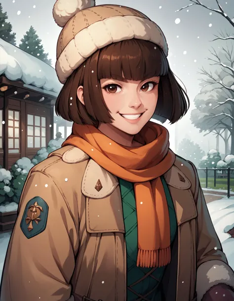 score_9, score_8_up, score_7_up,  <lora:EPmhrRondine:0.8> EPmhrRondine,, short hair, brown eyes, blunt bangs, bob cut, brown hair, woolly hat, scarf, mittens, puffy coat, snowing, in park, smiling, looking at viewer,