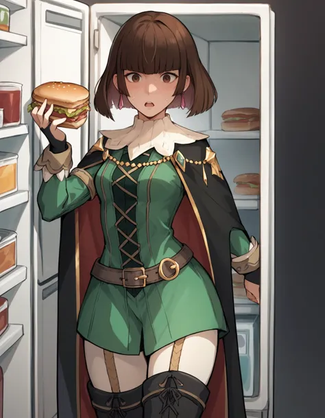 a woman in a green outfit holding a sandwich in front of a refrigerator