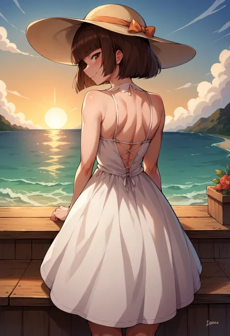 a woman in a white dress and hat looking out at the ocean