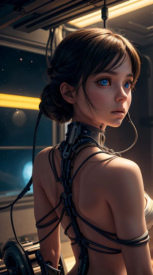 1mechanical girl,((ultra realistic details)), portrait, global illumination, shadows, octane render, 8k, ultra sharp,metal,intricate, ornaments detailed, cold colors, egypician detail, highly intricate details, realistic light, trending on cgsociety, glowing eyes, facing camera, neon details, machanical limbs,blood vessels connected to tubes,mechanical vertebra attaching to back,mechanical cervial attaching to neck,sitting,wires and cables connecting to head,abstract dream, space, intricate, grand scale, alone, cinematic film still, insane detail, sharp focus, depth of field, realistic lighting, (realistic perspective), complex, (multiple subjects), 4k HDR,