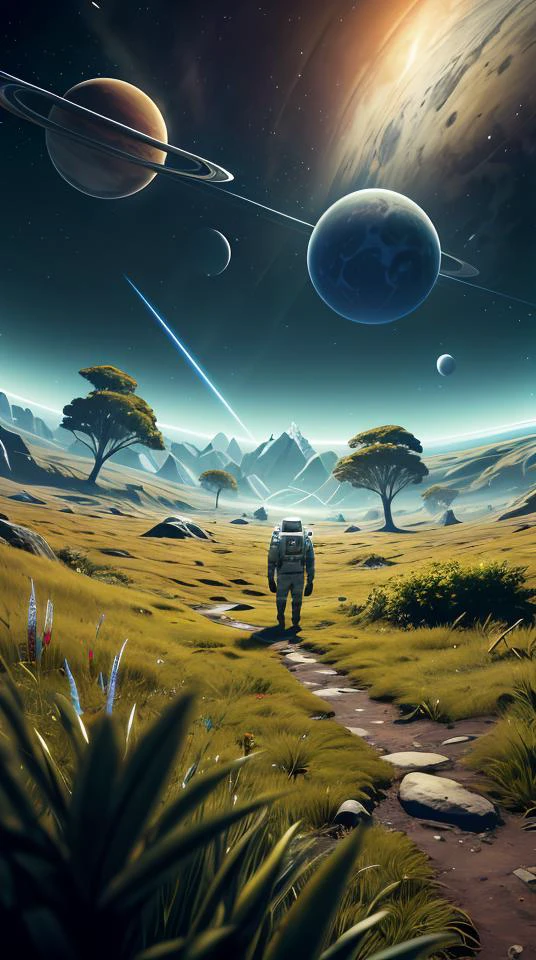 an astronaut standing in a lush field, nomanssky style wallpaper, high resolution 4K concept art beautiful masterpiece,abstract dream, space, intricate, grand scale, alone, cinematic film still, insane detail, sharp focus, depth of field, realistic lighting, (realistic perspective), complex, (multiple subjects), 4k HDR,