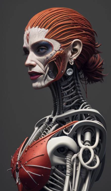 8K, fire ,red, flame,,explosion, , highly detailed, a beautiful ultra detailed of a beautiful profile, biomechanical cyborg,deamon 1mechanical girl,((ultra realistic details))woman with all ruby red dress, fantasy,, fantasy, intricate, elegant, highly detailed, , sharp focus, illustration,red black hole, MCSkin complex 3d render ultra detailed of a beautiful profile, biomechanical cyborg, analog, 150 mm lens, beautiful natural soft rim light, big leaves and stems, roots, fine foliage lace, colorful details, samourai, Boris Bidjan Saberi outfit, pearl earring, piercing, art nouveau fashion embroidered, intricate details, mesh wire, mandelbrot fractal, anatomical, facial muscles, cable wires, microchip, badass, hyper realistic, ultra detailed, octane render, volumetric lighting, 8k post-production, red and white with a bit of black, detailled metalic bones, semi human, iridescent colors, Glenn Brown style, white room,(art by David Sims:1.3),,dark theme