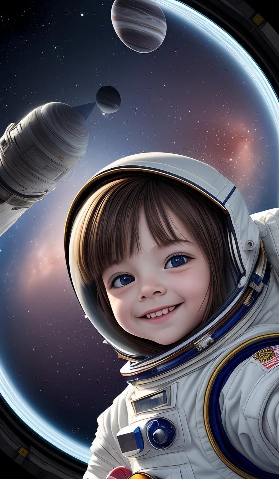 a cute  with a round cherubic face, blue eyes, and short wavy light brown hair smiles as she floats in space with stars all around her. she is an astronaut, wearing a space suit. beautiful cartoon painting,abstract world, fantasy,abstract dream, space, intricate, grand scale, alone, cinematic film still, insane detail, sharp focus, depth of field, realistic lighting, (realistic perspective), complex, (multiple subjects), 4k HDR,