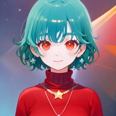 a close up of a person with a red shirt and green hair