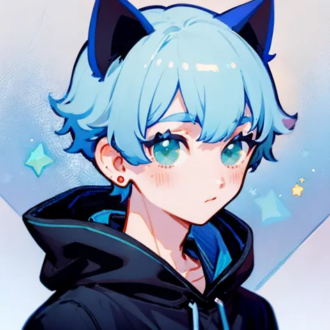 anime character with blue hair and blue eyes wearing a black jacket