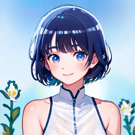 anime girl with blue eyes and a white top in a field