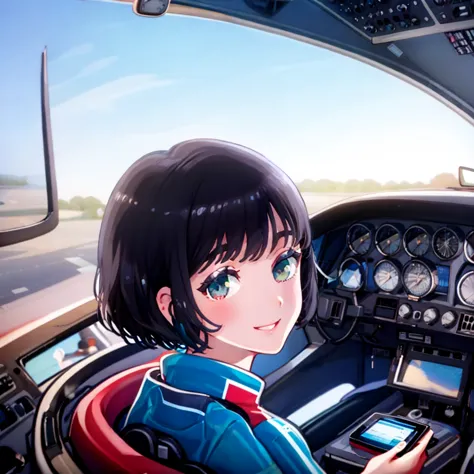 1girl, <lyco:[loha] hanaya è±å±  ã¯ãªã concept:0.8>,  flatflower, pilot_suit, sitting in a cockpit, sparking_eyes, short_h...