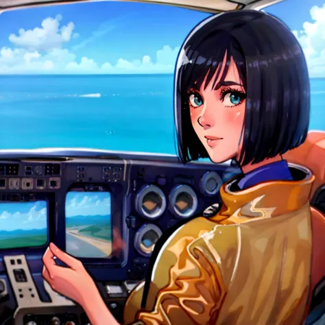 1girl, <lyco:[loha] hanaya è±å±  ã¯ãªã concept:0.8>,  flatflower, pilot_suit, sitting in a cockpit, sparking_eyes, short_h...