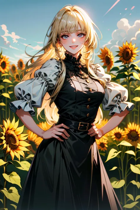 a woman in a black dress standing in a field of sunflowers