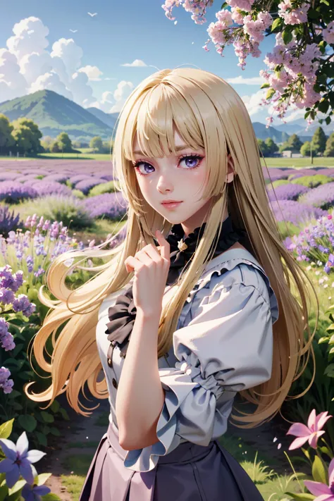 anime girl with long blonde hair and blue eyes standing in a field of flowers