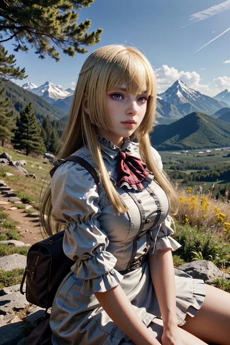 blond haired girl sitting on a rock in a mountain landscape