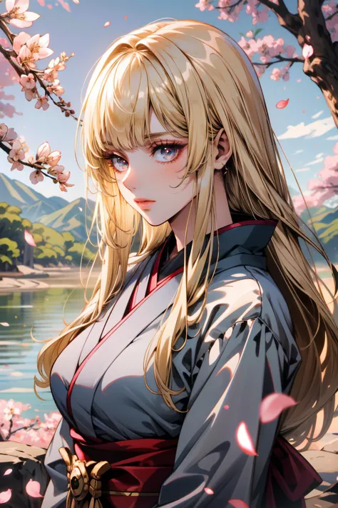 a woman with long blonde hair and blue eyes standing in front of a lake