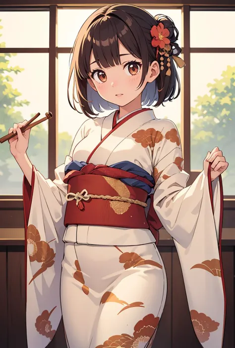 a woman in a kimono outfit holding a chopstick