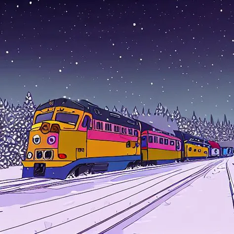 train, snow, dark, smoke, depressive, colorful, night, starry sky, HD, 8k, detailed, high-quality