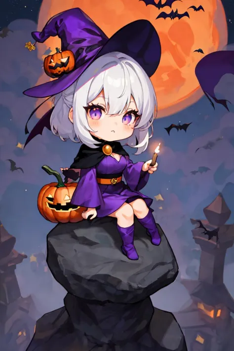 best quality, chibi girl with white hair sitting on stone, holding candle , Halloween, purple dress, pumpkin on hat, red moon