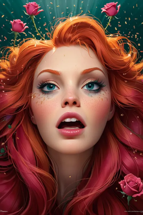 art por Anna Dittmann , Pôster obra-prima de Tom Whalen, cara de orgasmo,  Audacioso, ângulo amplo, muito emotivo, por Anna Dittmann, ("beleza Americana" pôster do filme :1.5), (caos épico de cabelo ruivo stshpo), (olhos bem abertos, íris verde-azulado escuro), QUEBRAR,   Cama de Rosas, enxame de pequenas rosas voando como faíscas, foco nitído, contraste de desvio de alvejante, melhor qualidade, inspirado na foto de Stefan Gesell, inspirado em John Wilhelm