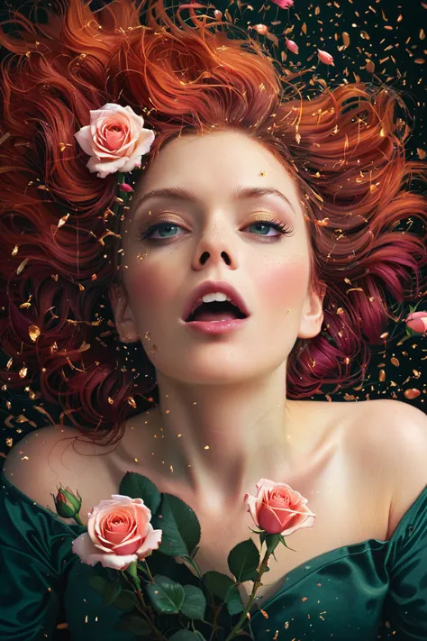 a close up of a woman with red hair and flowers in her hair