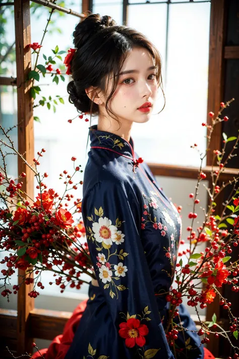 masterpiece,ultra high res,realistic,finely detail,extremely detailed,
1girl,solo,brown_hair,black_hair,hair_ornament,brown_eyes,jewelry,(full body:1.3),flower,earrings,hair_bun,blurry,from_side,chinese_clothes,looking_up,freckles,standing,
lipstick,red_lips,makeup,lips,