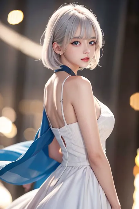 masterpiece,best quality,4k,realistic,1girl,solo,short hair,looking at viewer,bangs,white hair,parted lips,upper body,simple background,dress,from side, blue eyes