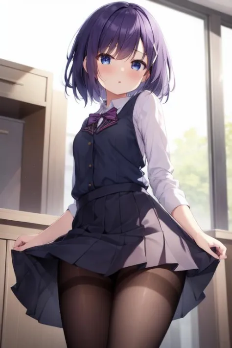 chef-d&#39;œuvre, Meilleure qualité, haute résolution, 1fille, seulement, Cheveux courts, uniforme scolaire, collants, mini jupe, yeux bleus, cheveux violets,    