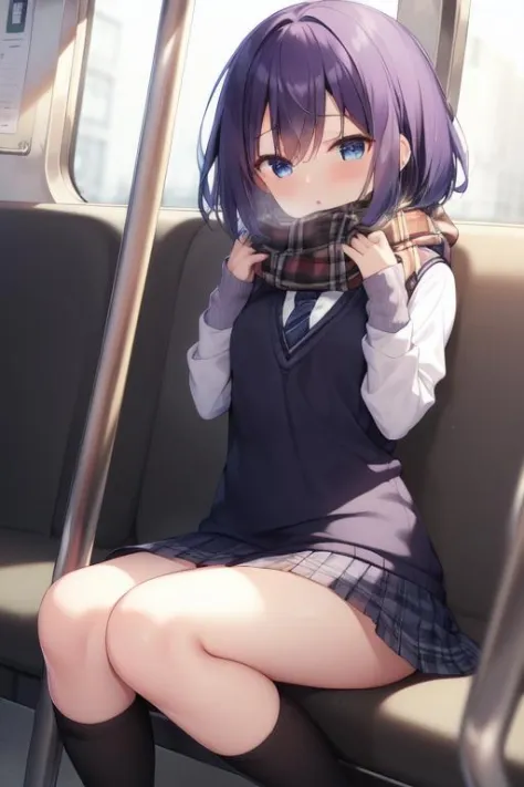 masterpiece, best quality, highres, 1girl, solo, short hair, pleated dress, blue eyes, purple hair, train,window,parted lips,pla...