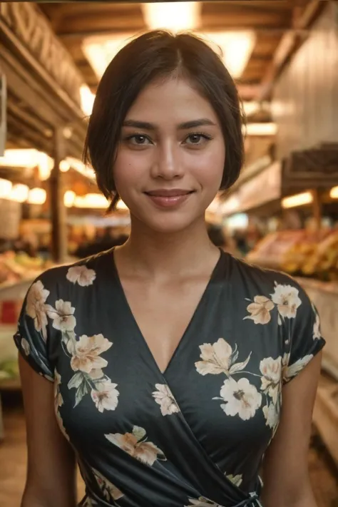 analog film photo solo, realistic, ((woman)), (((black hair))), (((smile512))), big smile, silver drop earrings, (((Wrap dress with floral print))), ((Photograph the vibrant energy of Jagalchi Fish Market, with its bustling seafood stalls, vibrant colors, and the authentic atmosphere of a traditional fish market.)), ((dynamic pose)), skin dhehany . faded film, desaturated, 35mm photo, grainy, vignette, vintage, Kodachrome, Lomography, stained, highly detailed, found footage