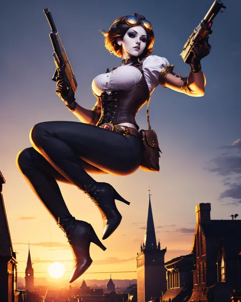 detailed, masterpiece,HDR, detailed sharp, best quality,  1girl,solo,
large breasts,
 looking at viewer, 
ladyM_DG, black eyes, red sclera, black hair, pale skin,short hair,
 holidng handgun, antique firearm,  clock tower, city,
cowboy shot, sunset, airship, dynamic pose,
(dynamic weather, dynamic colors, random colors,)
asymmetrical legwear, gloves, black footwear, belt,belt pouch, bustier, corset, high heel boots,steampunk, goggles on head, striped pants, black pants,
<lora:LadyM_DG-v02-000002:0.80>