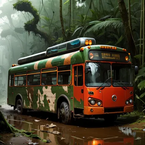 there is a bus that is driving through the jungle