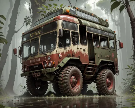 (battlecar:1.1), (Trolleybus:1.08), (painted glossy red:1.05), vehicle focus, no humans, debris, camouflage, mud, splatter, jungle, dirty