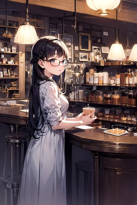 anime girl in a dress standing at a bar with a glass of wine