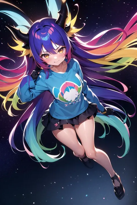 1girl, anime, cute, young (17 years old), dragon, long_hair, dragon_horns, (gradient hair multicolored hair) blue_hair, skirt, t_shirt, night, stars, Northern lights, full_body, smile, looking_at_viewer