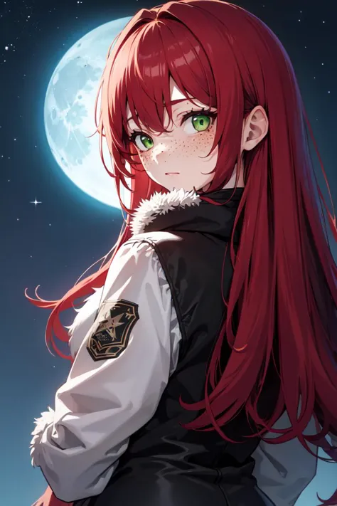 a woman with long red hair and green eyes standing in front of a full moon