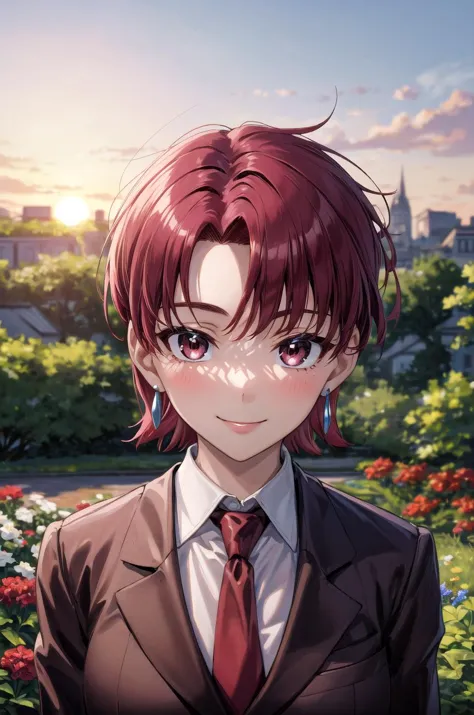 anime girl in a suit and tie standing in a garden