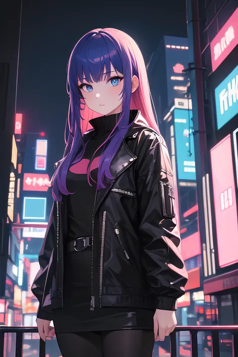 anime girl in a black leather jacket standing in a city