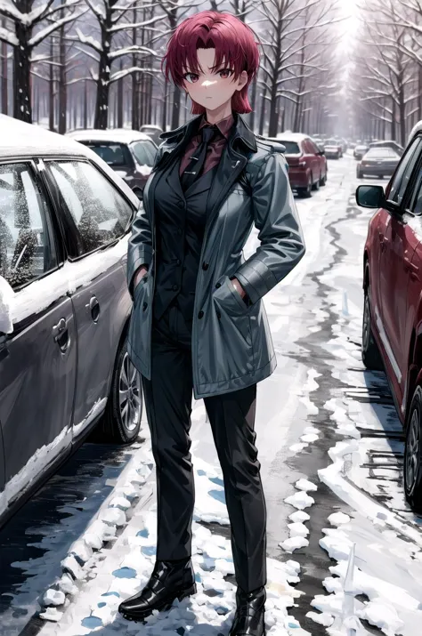 anime girl in black leather jacket standing in the snow