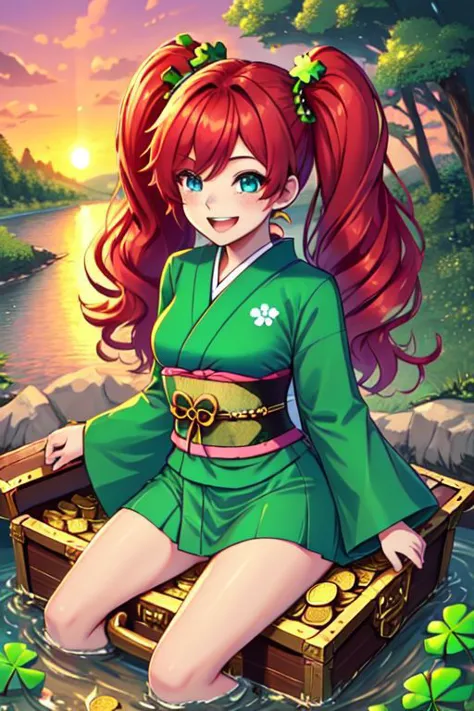 hezigreen glow, clover, four-leaf clover, light particles, Green color kimono, toriyama akira, Red hair, Freckles, bttrfrckl, Clover Kimono, girl happily coming out of a treasure chest, ShamrockWorld, gold coins, gold coins in chest, gold coins on ground, Irish, mega twintails, Adult, medium breasts, 
Irish Girl in Treasure Chest, Smiling, closed mouth, Irish Kimono, Green Kimono, four-leaf-clover, Curly hair, Blue Eyes, Happy, surprise, Forest background, closed mouth, sunset, river, skirt, legs, solo, 1girl