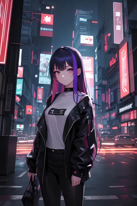 a woman with purple hair standing in a city street