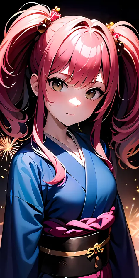 (fireworks), 1girl,(matsuri) (kimono), pigtails, pink hair, (absurdres, highres, masterpiece), (night), vibrant colors, fluid colors, fine detailed beautiful face, ultra detailed, cowboy shot