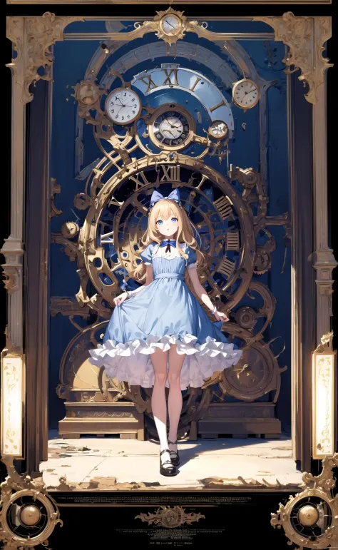 masterpiece, best quality, 1girl, clock, Alice in wonderland, movie poster,