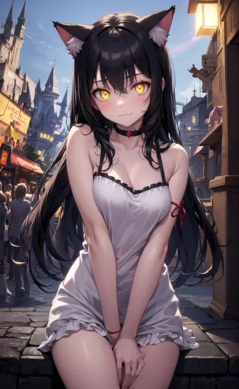 masterpiece, best quality, 1girl, theme park, glowing, :3, cat ears, black hair, glowing, yellow eyes,