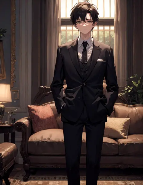 masterpiece, best quality, 1boy, room, suit, dark, sitting, couch, looking at viewer, hands in pockets,