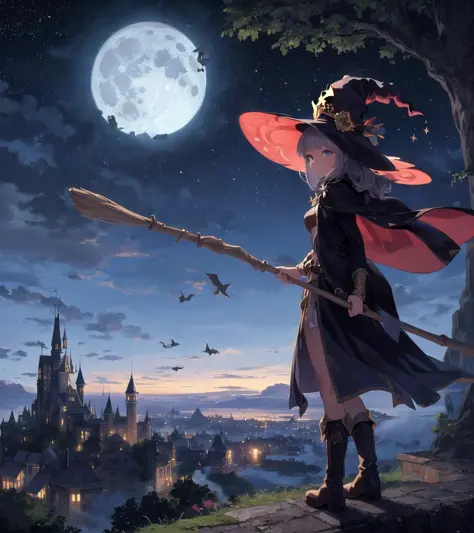 masterpiece, best quality, detailed, illustration, 1girl, solo, fantasy, night sky, outdoors, moon, stars, clouds, wind, hair, cape, hat, boots, broomstick, glowing, witch, magical, perspective, castle, tree,